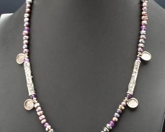 Vintage Modernist Brutalist Studio Artisan Sterling Silver Baroque Pearl & Amethyst Statement Necklace