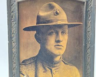 Antique WWI USMC Gold Star Memorial Photo of Marine William F. Smith (D. 1918) in Ornate Cast Metal Frame