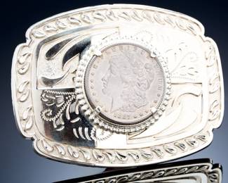 Vintage Western Belt Buckle with Genuine 1887 Morgan US Silver Dollar, 90% Silver Coin, Americana Cowboy Rodeo Style