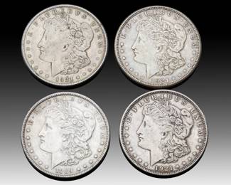 Lot of 4 US Morgan Silver Dollars - 1889 & 1921 Dates - 90% Silver