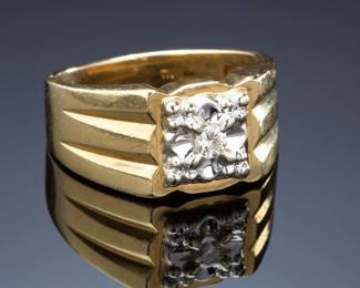 Vintage 1950s Mid-Century Men's Diamond Ring 14K Gold Illusion Setting