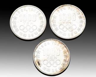 Lot of 3 | 1964 Japan 1000 Yen Silver Coins | Tokyo Olympics Commemorative | Mt. Fuji | AU/BU Condition | Attractive Original Toning