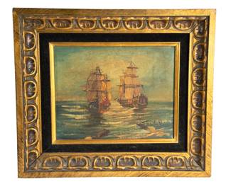 20th Century Nautical Oil on Canvas, Two Tall Ships at Sea, Signed Sanders