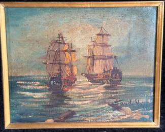 20th Century Nautical Oil on Canvas, Two Tall Ships at Sea, Signed Sanders