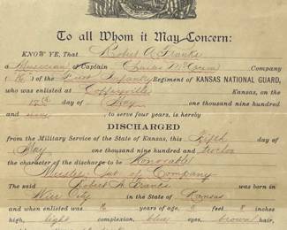 Framed 1912 Honorable Discharge Certificate, Musician Robert A. Franks, 1st Infantry Regiment, Kansas National Guard
