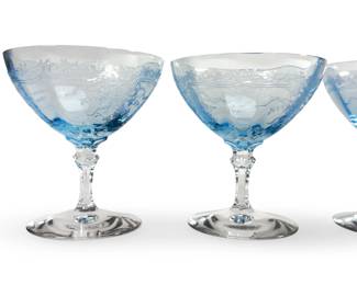 Lot of 6 Fostoria "June" Azure Blue Etched Elegant Glass Tall Sherbet / Cocktail Coupes