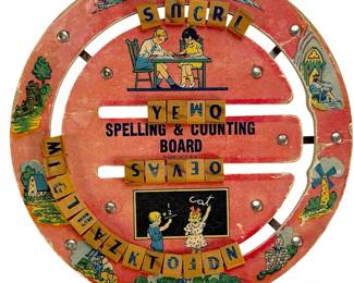 Vintage 1950s Spelling & Counting Board Toy, Mid-Century Americana, Wooden Blocks, Lithograph Graphics, USA Farmhouse Nursery Decor