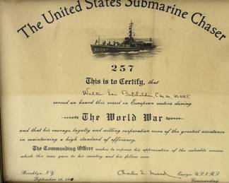 Rare 1918 WWI US Navy Submarine Chaser SC-257 Service Certificate for C.M.M. Walter Lee Batchelder, Framed