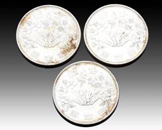 Lot of 3 | 1964 Japan 1000 Yen Silver Coins | Tokyo Olympics Commemorative | Mt. Fuji | AU/BU Condition | Attractive Original Toning