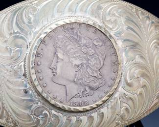 Vintage 1973 Boyd Reno Nevada Sterling Silver Hand Engraved Western Belt Buckle w/ 1902 Morgan Dollar