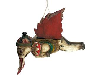 Vintage Balinese Flying Elephant Wood Carving, Hand-Painted Spirit Guardian Mobile