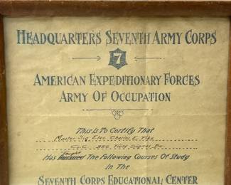 Original 1919 WWI A.E.F. Army of Occupation Certificate for a Signal Corps Instructor in Germany