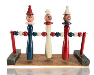 Vintage German Erzgebirge Folk Art Wood Tumbling Acrobat Toy, Three Clown Figures, c. 1950