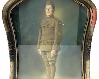 Antique WWI US Army Portrait, 82nd Airborne Division Corporal, Hand-Tinted Photo in Ornate Period Frame