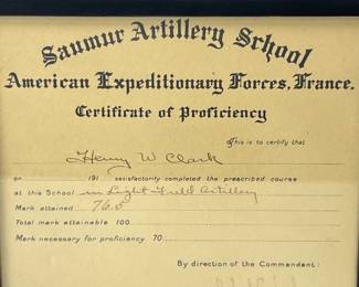 Vintage WWI AEF Saumur Artillery School Proficiency Certificate, France c. 1918
