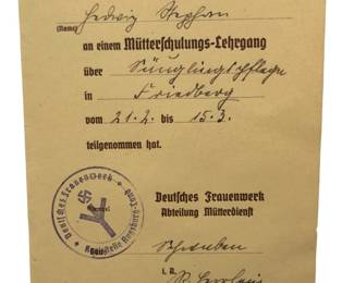 Original 1941 WWII German Women's Mother's School Certificate, Luftwaffe Airbase Lagerlechfeld, Sütterlin Script