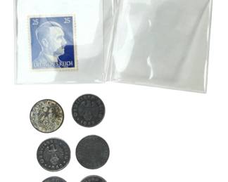 WWII German Third Reich Lot: 6x 1942 Zinc 1 Reichspfennig Coins & MNH Hitler Stamp