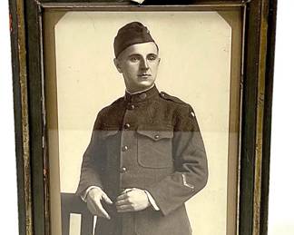 Antique WWI US Army Doughboy Soldier Portrait Photo in Ornate Frame with Civilian Locket