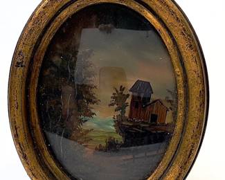 Antique Signed Miniature Landscape Oil Painting in Oval Gilt Frame