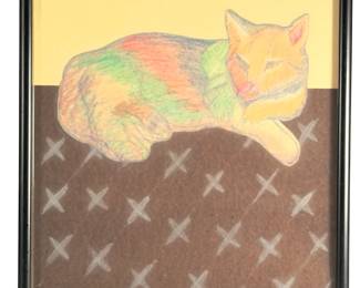 Vintage 1989 Signed RUSSELL Folk Art Cat Drawing, Colored Pencil, Naive Outsider Art, Christmas Astrology Inscription