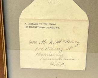 Historic 1918 WWI King George V Welcome Letter to an American Soldier, Framed with Original Envelope Addressed to Harrisburg, PA