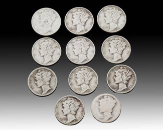 Lot of 11 Circulated 90% Silver Mercury Dimes - WWII Era Collection (1935-1944)