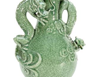 Large Chinese Celadon-Glaze Ge-Type Crackle Vase with Dragon Handles