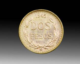 Vintage Mexican Dos Pesos Gold Coin - 1945 Dated Restrike -.900 Fine Gold