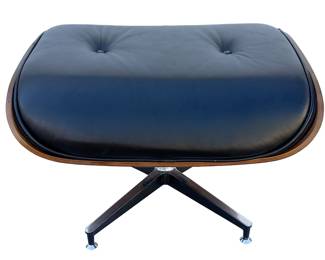 Vintage Mid-Century Modern Eames-Style Lounge Ottoman in Black Leather and Walnut