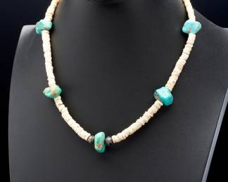 Vintage Kewa Pueblo Kingman Turquoise & Shell Heishi Necklace c. 1960s Native American Jewelry