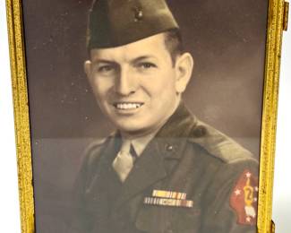 WWII Era Hand-Colored US Marine Corps Corporal Portrait Photo, 2nd Marine Division, in Vintage Gilt Frame