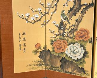 Vintage 1965 Signed Chinese 4-Panel Silk Screen Painting, Peony Plum Blossom Birds