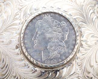 Vintage 1978 Boyd of Reno Sterling Silver Western Belt Buckle w/ 1888-O Morgan Dollar