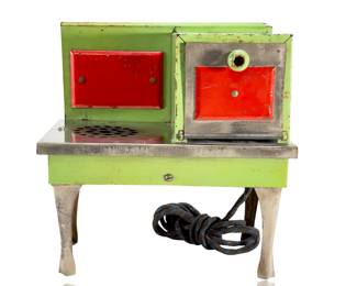 Vintage 1930s Art Deco Electric Toy Stove, Pressed Steel, Green & Red, Cabriole Legs