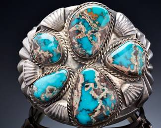 Monumental Vintage 1950s Navajo Old Pawn Sterling Silver & High-Grade Bisbee Turquoise Cluster Cuff Bracelet