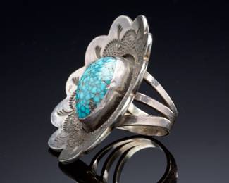 Vintage George Kee Navajo White Hogan Mid-Century Modern Sterling Silver & Spiderweb Turquoise Statement Ring, c. 1950s Native American Jewelry