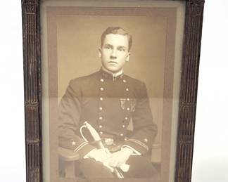 Antique US Navy Officer Portrait Photograph, c. 1900-1910, with Sword & Medals in Ornate Classical Frame