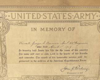 Historic 1919 WWI AEF Memorial Certificate for Pvt. George C. Bauman, 23rd Engineers, U.S. Army