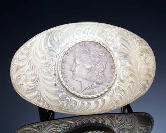 Vintage 1973 Boyd Reno Nevada Sterling Silver Hand Engraved Western Belt Buckle w/ 1902 Morgan Dollar