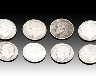 Lot of 8 Vintage Pre-1965 Roosevelt Dimes - 90% Silver US Coinage