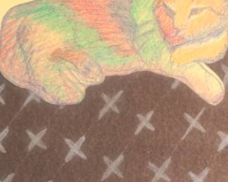 Vintage 1989 Signed RUSSELL Folk Art Cat Drawing, Colored Pencil, Naive Outsider Art, Christmas Astrology Inscription