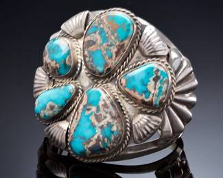 Monumental Vintage 1950s Navajo Old Pawn Sterling Silver & High-Grade Bisbee Turquoise Cluster Cuff Bracelet