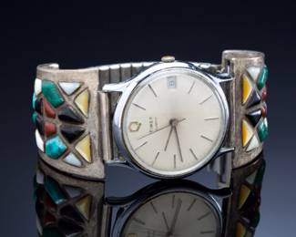 Vintage Zuni-Style Channel Inlay Watch, Multi-Stone Sterling Silver Tips, Turquoise Coral Onyx, 1970s Timex Q Quartz