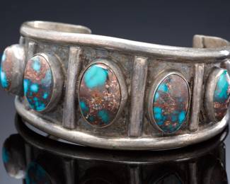 Vintage Navajo Mid-Century Five Stone Cuff Bracelet High Grade Blue Diamond Turquoise Native American Jewelry
