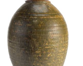 Large Mid-Century Modern Studio Pottery Lidded Vase, Mottled Ash Glaze, Unidentified Artist's Mark