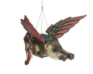 Vintage Balinese Flying Elephant Wood Carving, Hand-Painted Spirit Guardian Mobile
