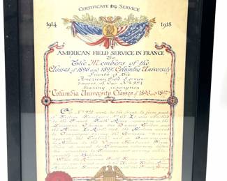 WWI American Field Service DONOR'S CERTIFICATE - Columbia University Ambulance SSU 67