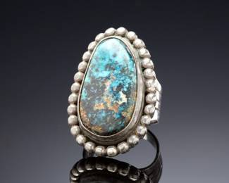 Important Vintage George Kee Navajo White Hogan Sterling Silver & High-Grade Character Turquoise Ring, Mid-Century Modern Native American Jewelry