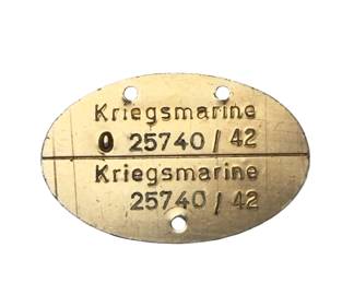 WWII German Navy Dog Tag, 1942 Kriegsmarine Erkennungsmarke, Gold Finish, Type O Blood, Complete