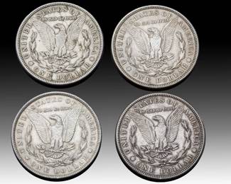 Lot of 4 US Morgan Silver Dollars - 1889 & 1921 Dates - 90% Silver